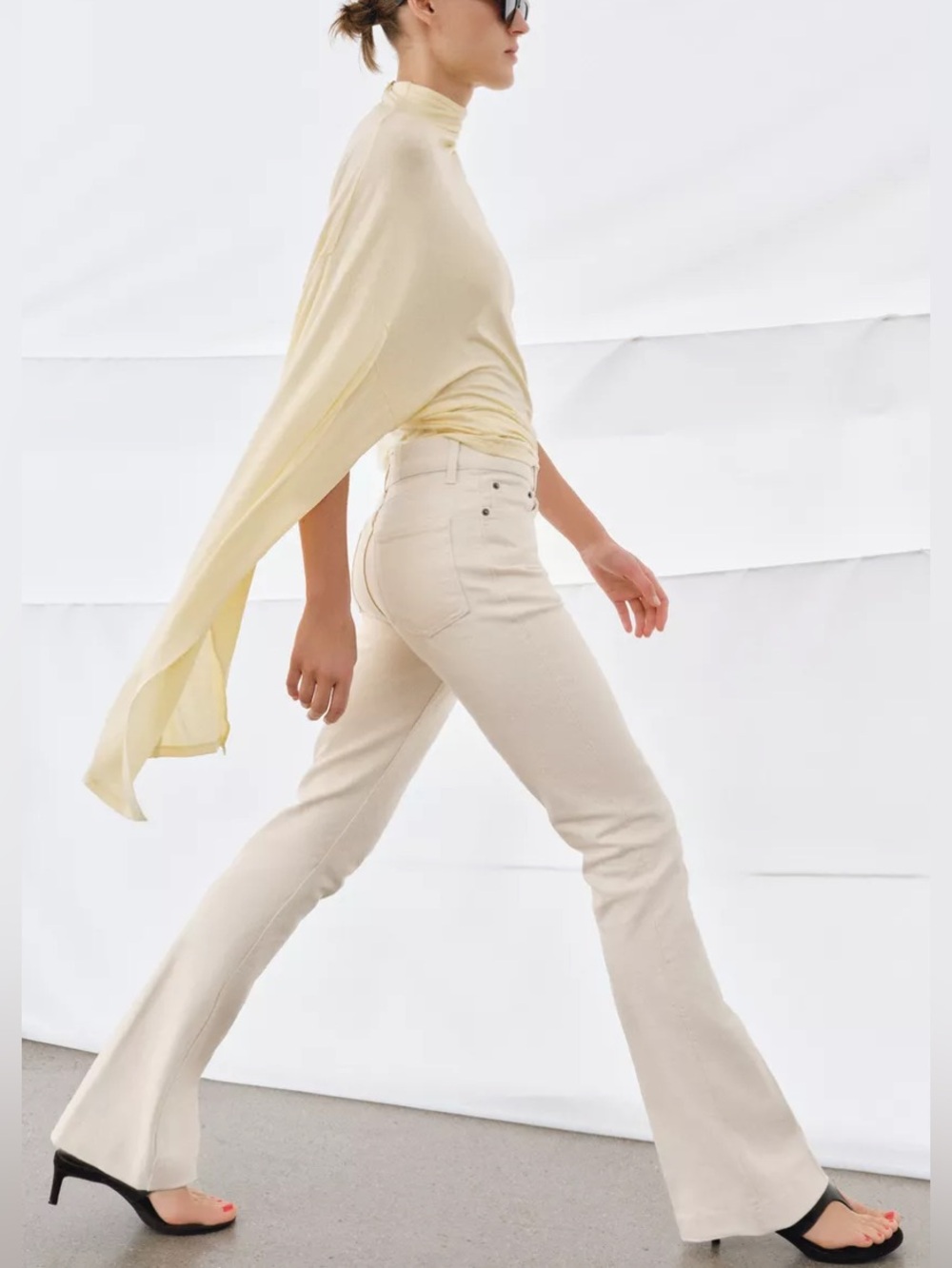 zara flare fit ecru jeans high rise full length flare leg comfort pants white